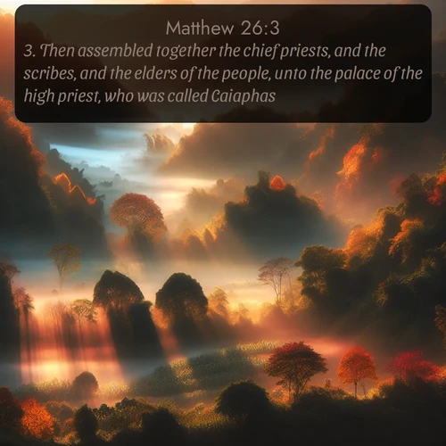 citation biblique : 3. Then assembled together the chief priests, and the scribes, and the elders of the people, unto the palace of the high priest, who was called Caiaphas,
 sur fond image nature