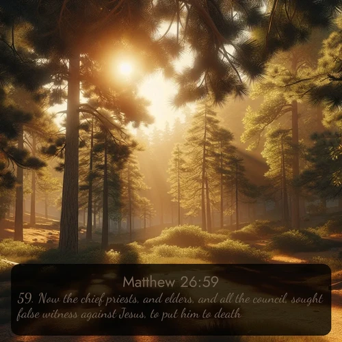 citation biblique : 59. Now the chief priests, and elders, and all the council, sought false witness against Jesus, to put him to death;
 sur fond image nature