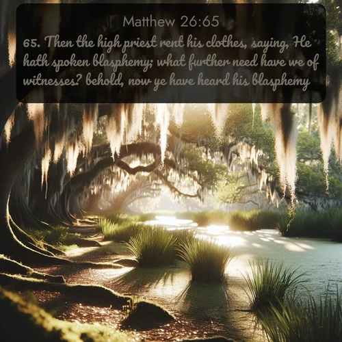 citation biblique : 65. Then the high priest rent his clothes, saying, He hath spoken blasphemy; what further need have we of witnesses? behold, now ye have heard his blasphemy.
 sur fond image nature