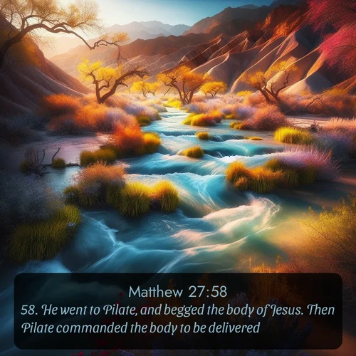 citation biblique : 58. He went to Pilate, and begged the body of Jesus. Then Pilate commanded the body to be delivered.
 sur fond image nature