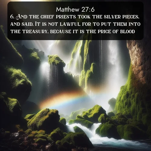 citation biblique : 6. And the chief priests took the silver pieces, and said, It is not lawful for to put them into the treasury, because it is the price of blood.
 sur fond image nature