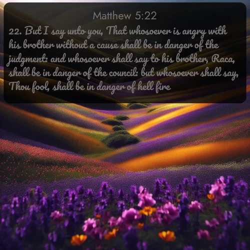 citation biblique : 22. But I say unto you, That whosoever is angry with his brother without a cause shall be in danger of the judgment: and whosoever shall say to his brother, Raca, shall be in danger of the council: but whosoever shall say, Thou fool, shall be in danger of hell fire.
 sur fond image nature