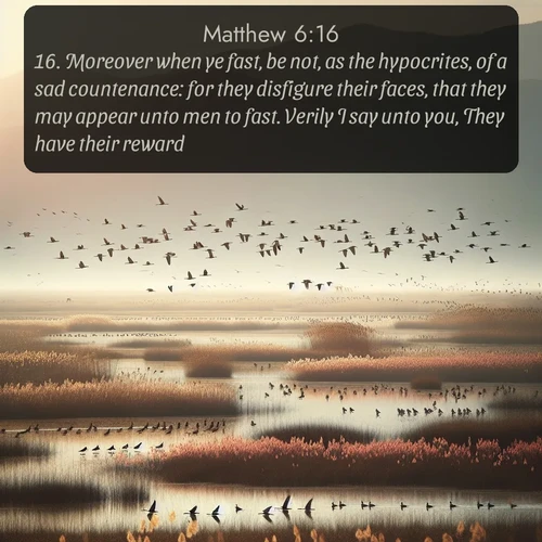 citation biblique : 16. Moreover when ye fast, be not, as the hypocrites, of a sad countenance: for they disfigure their faces, that they may appear unto men to fast. Verily I say unto you, They have their reward.
 sur fond image nature