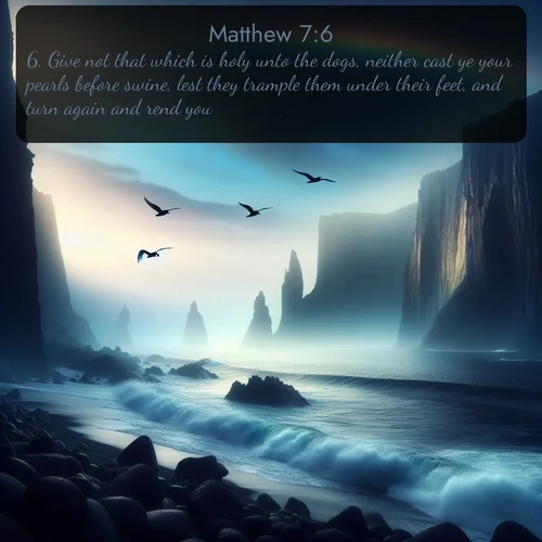 citation biblique : 6. Give not that which is holy unto the dogs, neither cast ye your pearls before swine, lest they trample them under their feet, and turn again and rend you.
 sur fond image nature