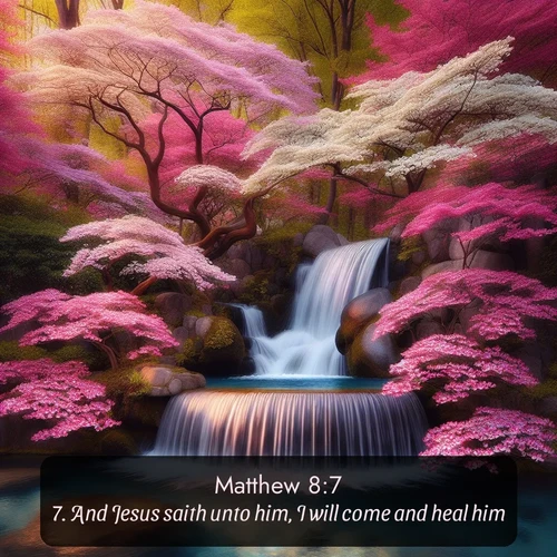 citation biblique : 7. And Jesus saith unto him, I will come and heal him.
 sur fond image nature