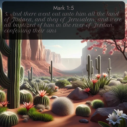 KJV Gospel of Mark 1:5 overlaying nature image scene: Desert cacti burst with spring blooms against red sandstone formations.;5. And there went out unto him all the land of Judaea, and they of Jerusalem, and were all baptized of him in the river of Jordan, confessing their sins.