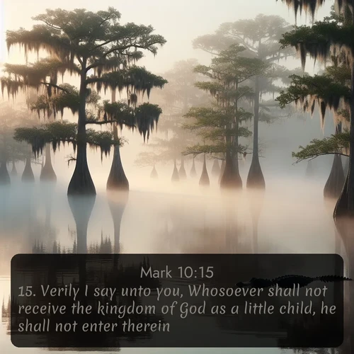 citation biblique : 15. Verily I say unto you, Whosoever shall not receive the kingdom of God as a little child, he shall not enter therein.
 sur fond image nature