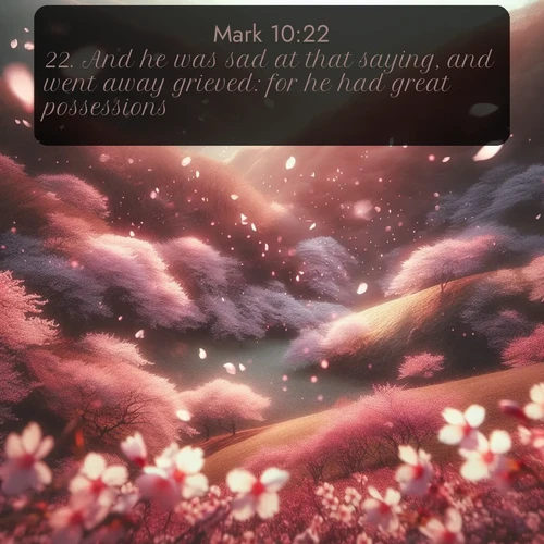 citation biblique : 22. And he was sad at that saying, and went away grieved: for he had great possessions.
 sur fond image nature