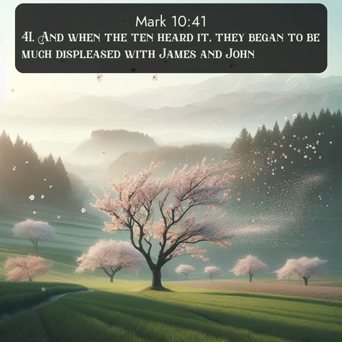 citation biblique : 41. And when the ten heard it, they began to be much displeased with James and John.
 sur fond image nature