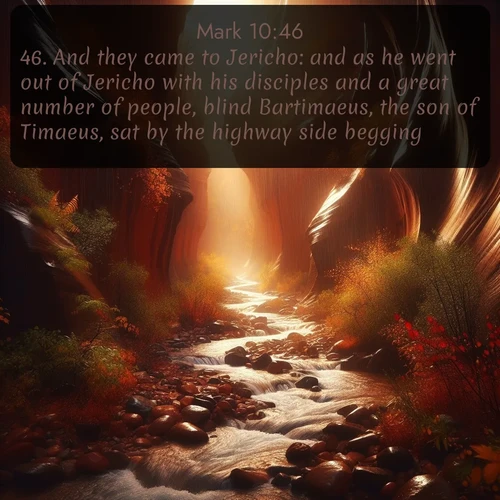 KJV Gospel of Mark  ; image nature: image with the bible verse :And they came to Jericho: and as he went out of Jericho with his disciples and a great number of people, blind Bartimaeus, the son of Timaeus, sat by the highway side begging. ; Explore Bible verse images highlighting the beauty of spring, with vibrant flowers, butterflies, and blossoming fruit trees. These scenes evoke divine hope and renewal. Download inspiring verses like KJV Gospel of Mark 10:46. Current verse is overlayed with the thematic nature scene : Autumn rain creates temporary streams in slot canyons. ; 10:46