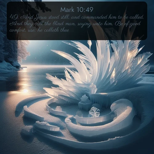 citation biblique : 49. And Jesus stood still, and commanded him to be called. And they call the blind man, saying unto him, Be of good comfort, rise; he calleth thee.
 sur fond image nature