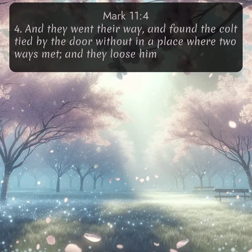 citation biblique : 4. And they went their way, and found the colt tied by the door without in a place where two ways met; and they loose him.
 sur fond image nature