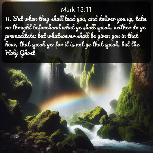 KJV Gospel of Mark  ; image nature: image with the bible verse :But when they shall lead you, and deliver you up, take no thought beforehand what ye shall speak, neither do ye premeditate: but whatsoever shall be given you in that hour, that speak ye: for it is not ye that speak, but the Holy Ghost. ; Browse beautiful Bible verse images accompanied by peaceful scenes like calm seas, ancient forests, and radiant horizons. Download high-quality, free images featuring verses such as KJV Gospel of Mark 13:11. Current verse is overlayed with the thematic nature scene : A waterfall thunders through ancient moss-covered rocks while rainbow mist rises where water meets stone. ; 13:11
