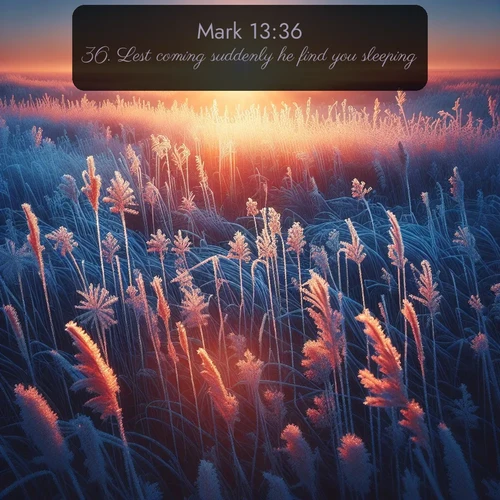 KJV Gospel of Mark  ; image nature: image with the bible verse :Lest coming suddenly he find you sleeping. ; Download Bible verse images featuring vibrant photos of nature, from snowy landscapes to golden deserts. These free images are perfect for phone wallpapers, desktop backgrounds, or sharing. Verses include KJV Gospel of Mark 13:36. Current verse is overlayed with the thematic nature scene : Winter sunrise illuminates frost-covered prairie grass. ; 13:36