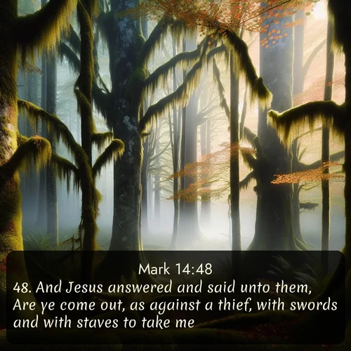 citation biblique : 48. And Jesus answered and said unto them, Are ye come out, as against a thief, with swords and with staves to take me?
 sur fond image nature