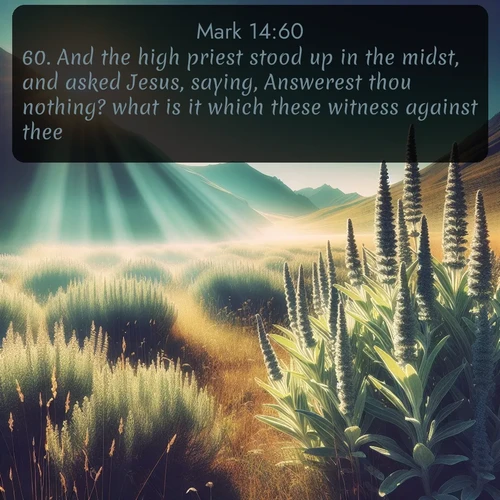 citation biblique : 60. And the high priest stood up in the midst, and asked Jesus, saying, Answerest thou nothing? what is it which these witness against thee?
 sur fond image nature