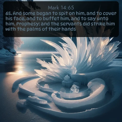 citation biblique : 65. And some began to spit on him, and to cover his face, and to buffet him, and to say unto him, Prophesy: and the servants did strike him with the palms of their hands.
 sur fond image nature