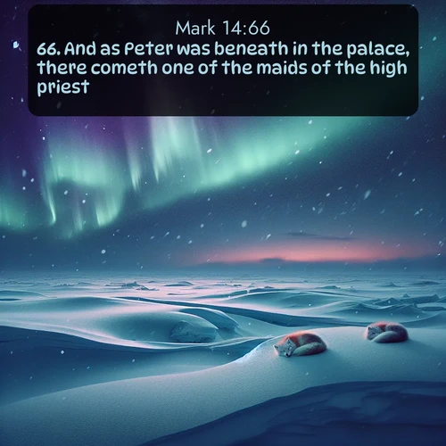 KJV Gospel of Mark  ; image nature: image with the bible verse :And as Peter was beneath in the palace, there cometh one of the maids of the high priest: ; Discover a gallery of Bible verse images showcasing the beauty of autumn, with golden leaves, red forests, and peaceful fields bathed in soft light. These soothing scenes are perfect for accompanying inspiring verses like KJV Gospel of Mark 14:66. Current verse is overlayed with the thematic nature scene : Northern lights dance across the frozen tundra in ribbons of green and purple. Snow falls silently on sleeping arctic foxes. ; 14:66