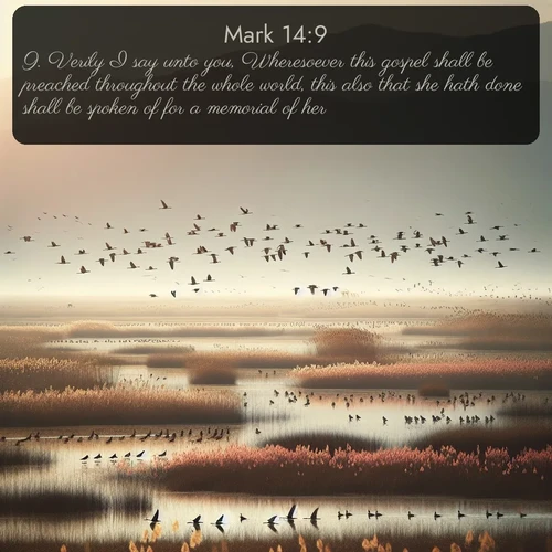 KJV Gospel of Mark  ; image nature: image with the bible verse :Verily I say unto you, Wheresoever this gospel shall be preached throughout the whole world, this also that she hath done shall be spoken of for a memorial of her. ; Admire our gallery of Bible verse images paired with serene nature photography, featuring starlit skies, golden sands, and blooming wildflowers. Download and share verses like KJV Gospel of Mark 14:9. Current verse is overlayed with the thematic nature scene : Spring migration fills marshlands with calling birds. ; 14:9