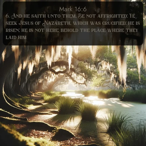 KJV Gospel of Mark  ; image nature: image with the bible verse :And he saith unto them, Be not affrighted: Ye seek Jesus of Nazareth, which was crucified: he is risen; he is not here: behold the place where they laid him. ; Explore a collection of Bible verses paired with springtime scenes, featuring blooming flowers, lush meadows, and trees in full bloom. These images symbolize divine renewal and hope. Download inspiring verses like KJV Gospel of Mark 16:6. Current verse is overlayed with the thematic nature scene : Summer afternoon light filters through Spanish moss in a bayou. ; 16:6
