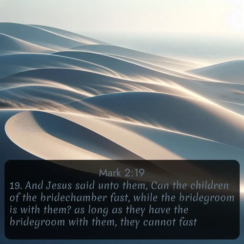 KJV Gospel of Mark 2:19 overlaying nature image scene: Coastal dunes shift slowly beneath constant winds.;19. And Jesus said unto them, Can the children of the bridechamber fast, while the bridegroom is with them? as long as they have the bridegroom with them, they cannot fast.