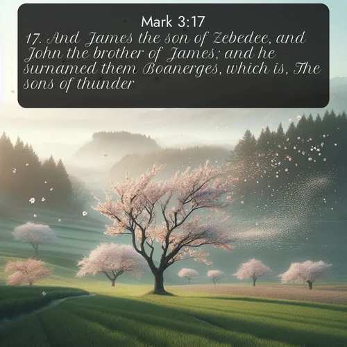 citation biblique : 17. And James the son of Zebedee, and John the brother of James; and he surnamed them Boanerges, which is, The sons of thunder:
 sur fond image nature