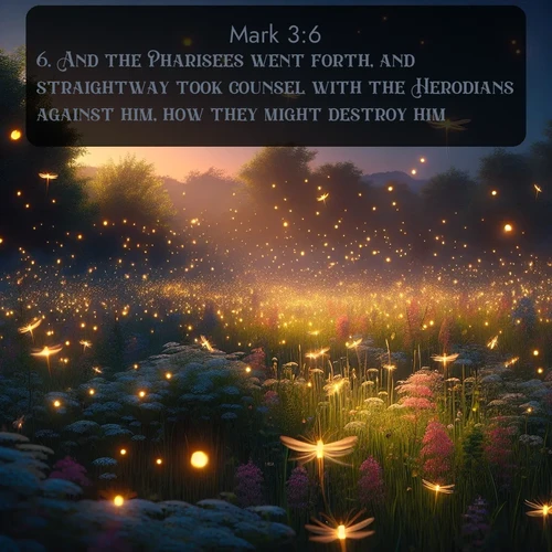 citation biblique : 6. And the Pharisees went forth, and straightway took counsel with the Herodians against him, how they might destroy him.
 sur fond image nature