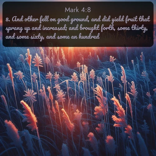 citation biblique : 8. And other fell on good ground, and did yield fruit that sprang up and increased; and brought forth, some thirty, and some sixty, and some an hundred.
 sur fond image nature
