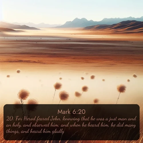 KJV Gospel of Mark  ; image nature: image with the bible verse :For Herod feared John, knowing that he was a just man and an holy, and observed him; and when he heard him, he did many things, and heard him gladly. ; Dive into our collection of Bible verses paired with coastal scenes, featuring calming waves, infinite beaches, and reflections of the sun on the water. These images evoke the peace and beauty of God. Share verses like KJV Gospel of Mark 6:20. Current verse is overlayed with the thematic nature scene : Autumn wind sends tumbleweeds dancing across the prairie. ; 6:20
