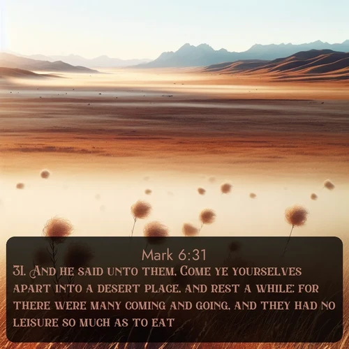 citation biblique : 31. And he said unto them, Come ye yourselves apart into a desert place, and rest a while: for there were many coming and going, and they had no leisure so much as to eat.
 sur fond image nature