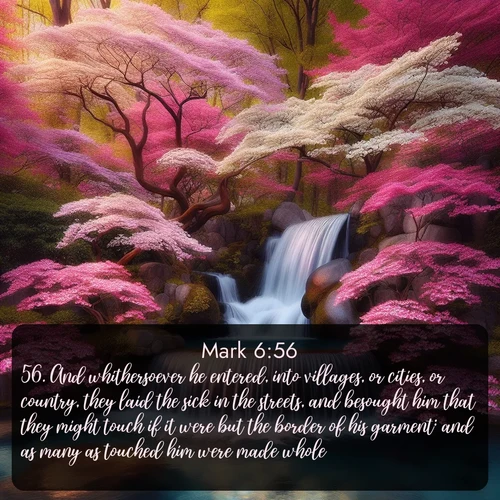 citation biblique : 56. And whithersoever he entered, into villages, or cities, or country, they laid the sick in the streets, and besought him that they might touch if it were but the border of his garment: and as many as touched him were made whole.
 sur fond image nature