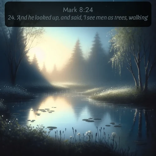 KJV Gospel of Mark  ; image nature: image with the bible verse :And he looked up, and said, I see men as trees, walking. ; Admire Bible verse images illustrated by summer photos, such as sunny beaches, sparkling waves, and swaying palm trees. These bright scenes highlight the joy and warmth of God&#039;s creation. Download and share verses like KJV Gospel of Mark 8:24. Current verse is overlayed with the thematic nature scene : Spring peepers call from a pond reflecting the first evening stars. ; 8:24