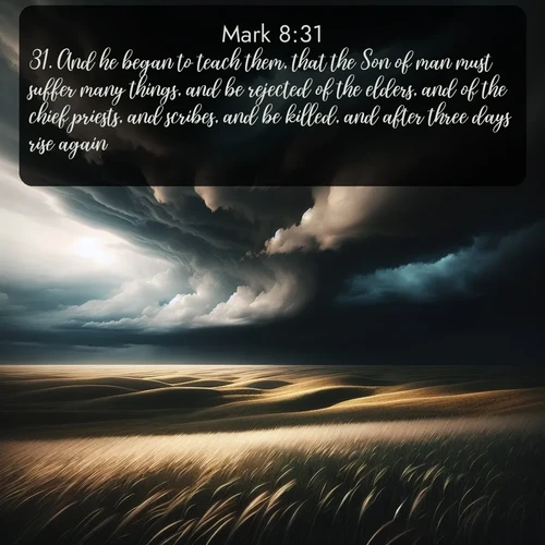 citation biblique : 31. And he began to teach them, that the Son of man must suffer many things, and be rejected of the elders, and of the chief priests, and scribes, and be killed, and after three days rise again.
 sur fond image nature