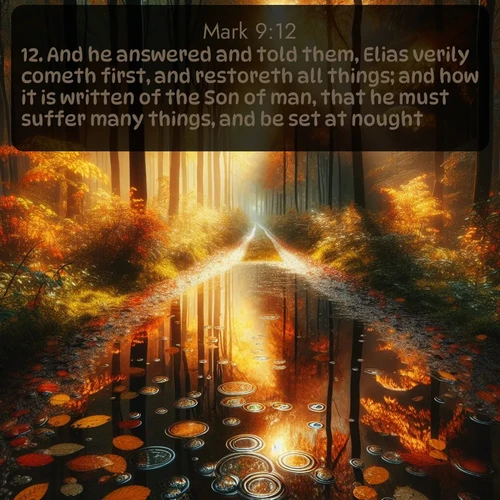 citation biblique : 12. And he answered and told them, Elias verily cometh first, and restoreth all things; and how it is written of the Son of man, that he must suffer many things, and be set at nought.
 sur fond image nature