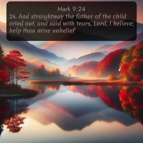 KJV Gospel of Mark  ; image nature: image with the bible verse :And straightway the father of the child cried out, and said with tears, Lord, I believe; help thou mine unbelief. ; Admire our gallery of Bible verse images showcasing divine beauty in nature—whether snowy peaks or serene oceans. Each image is freely downloadable and perfect for personal or spiritual use. Share verses like KJV Gospel of Mark 9:24. Current verse is overlayed with the thematic nature scene : Autumn colors reflect in a still mountain lake at sunrise. ; 9:24