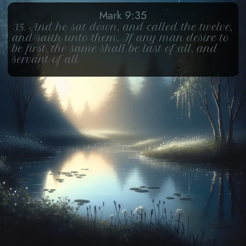 KJV Gospel of Mark  ; image nature: image with the bible verse :And he sat down, and called the twelve, and saith unto them, If any man desire to be first, the same shall be last of all, and servant of all. ; Explore Bible verse images beautifully illustrated with spring scenes, such as blooming meadows, trees in full bloom, and tranquil streams. These landscapes convey divine hope and vitality. Download and share verses like KJV Gospel of Mark 9:35. Current verse is overlayed with the thematic nature scene : Spring peepers call from a pond reflecting the first evening stars. ; 9:35