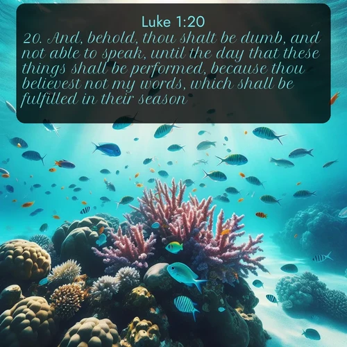 KJV Gospel of Luke 1:20 overlaying nature image scene: Tropical fish dart through coral reefs in crystal-clear waters.;20. And, behold, thou shalt be dumb, and not able to speak, until the day that these things shall be performed, because thou believest not my words, which shall be fulfilled in their season.
