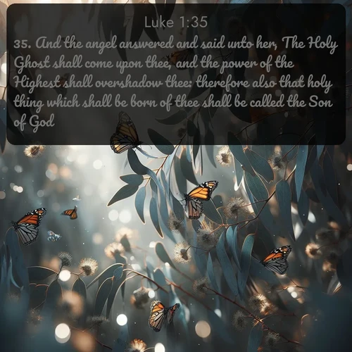 KJV Gospel of Luke 1:35 overlaying nature image scene: Monarch butterflies cluster on eucalyptus branches in winter sun.;35. And the angel answered and said unto her, The Holy Ghost shall come upon thee, and the power of the Highest shall overshadow thee: therefore also that holy thing which shall be born of thee shall be called the Son of God.