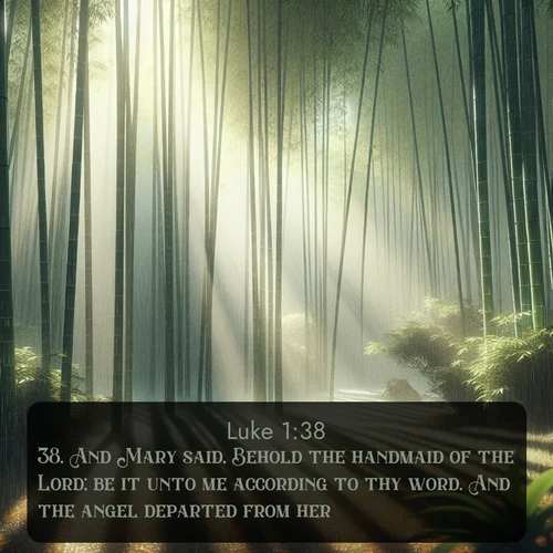 KJV Gospel of Luke 1:38 overlaying nature image scene: Bamboo forests cast striped shadows while a gentle rain patters on broad leaves.;38. And Mary said, Behold the handmaid of the Lord; be it unto me according to thy word. And the angel departed from her.