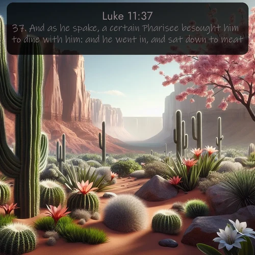 citation biblique : 37. And as he spake, a certain Pharisee besought him to dine with him: and he went in, and sat down to meat.
 sur fond image nature