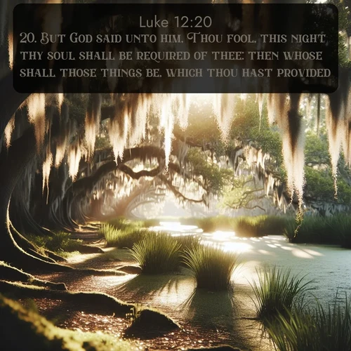 citation biblique : 20. But God said unto him, Thou fool, this night thy soul shall be required of thee: then whose shall those things be, which thou hast provided?
 sur fond image nature