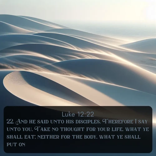 KJV Gospel of Luke 12:22 overlaying nature image scene: Coastal dunes shift slowly beneath constant winds.;22. And he said unto his disciples, Therefore I say unto you, Take no thought for your life, what ye shall eat; neither for the body, what ye shall put on.