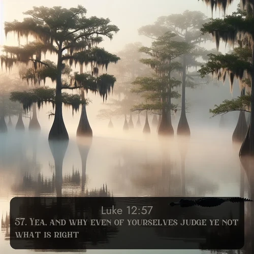 citation biblique : 57. Yea, and why even of yourselves judge ye not what is right?
 sur fond image nature