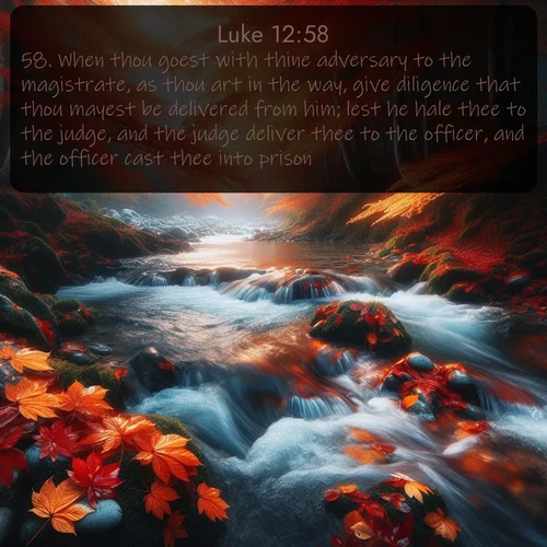 KJV Gospel of Luke 12:58 overlaying nature image scene: Autumn leaves swirl in eddies along a mountain stream.;58. When thou goest with thine adversary to the magistrate, as thou art in the way, give diligence that thou mayest be delivered from him; lest he hale thee to the judge, and the judge deliver thee to the officer, and the officer cast thee into prison.