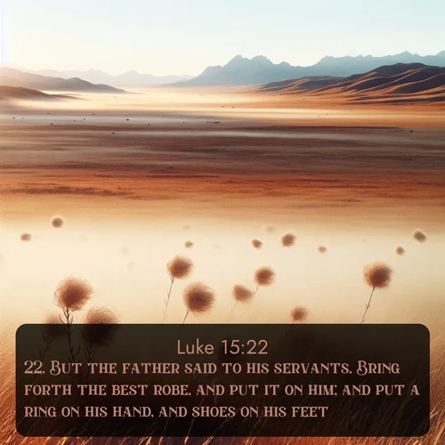 citation biblique : 22. But the father said to his servants, Bring forth the best robe, and put it on him; and put a ring on his hand, and shoes on his feet:
 sur fond image nature
