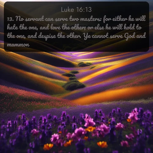 citation biblique : 13. No servant can serve two masters: for either he will hate the one, and love the other; or else he will hold to the one, and despise the other. Ye cannot serve God and mammon.
 sur fond image nature