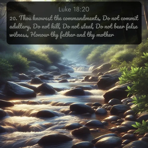 citation biblique : 20. Thou knowest the commandments, Do not commit adultery, Do not kill, Do not steal, Do not bear false witness, Honour thy father and thy mother.
 sur fond image nature