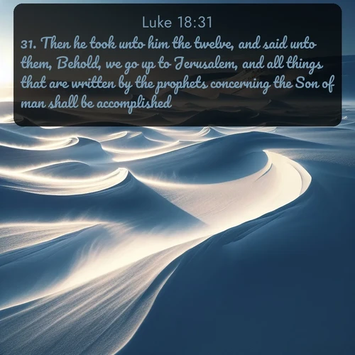 citation biblique : 31. Then he took unto him the twelve, and said unto them, Behold, we go up to Jerusalem, and all things that are written by the prophets concerning the Son of man shall be accomplished.
 sur fond image nature