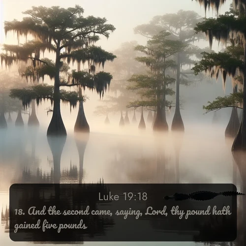citation biblique : 18. And the second came, saying, Lord, thy pound hath gained five pounds.
 sur fond image nature