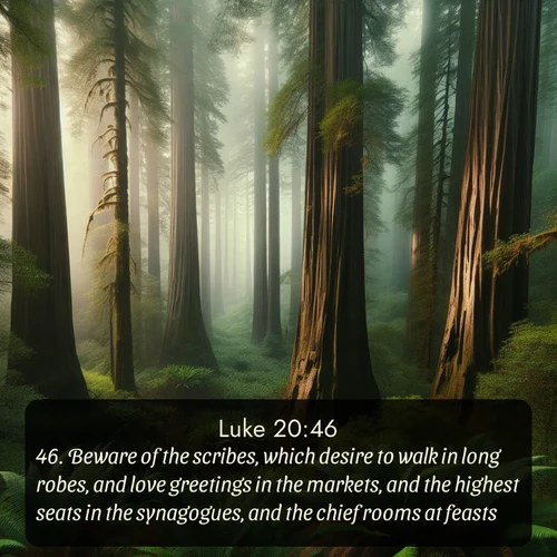 citation biblique : 46. Beware of the scribes, which desire to walk in long robes, and love greetings in the markets, and the highest seats in the synagogues, and the chief rooms at feasts;
 sur fond image nature
